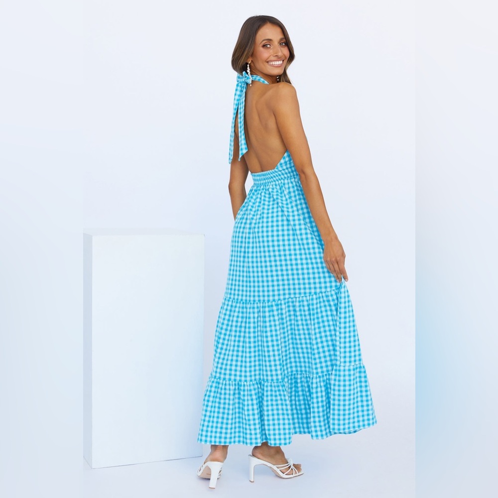 🦋 Hello Molly Blue Gingham Halter Maxi Dress - Picture 3 of 11
